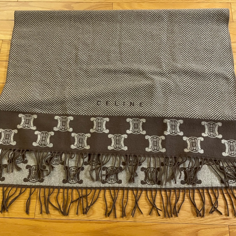 Celine Reversible Brown & Cream Logo Wool Scarf